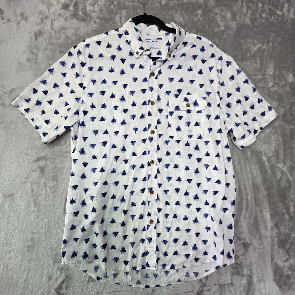 Old Navy Mens Short Sleeve Button Down Shirt White Blue Triangle Geometric M